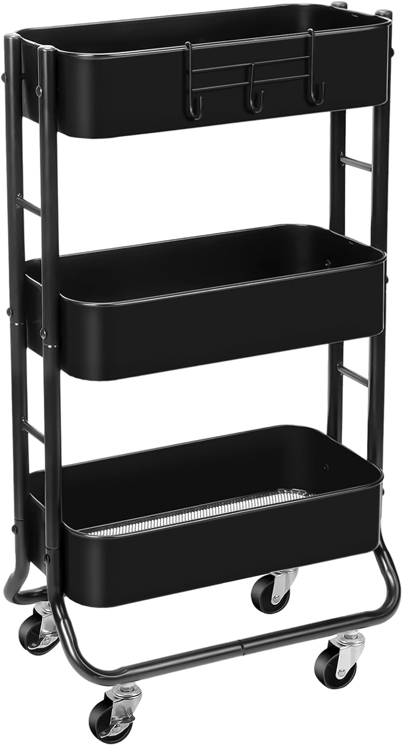 MAX Houser Slim 3-Tier Rolling Utility Cart, Narrow Metal Bathroom Storage Multifunctional Organizer Carts with Wheels with Extra Hook, Laundry Room,Kitchen,Small Space(Black)