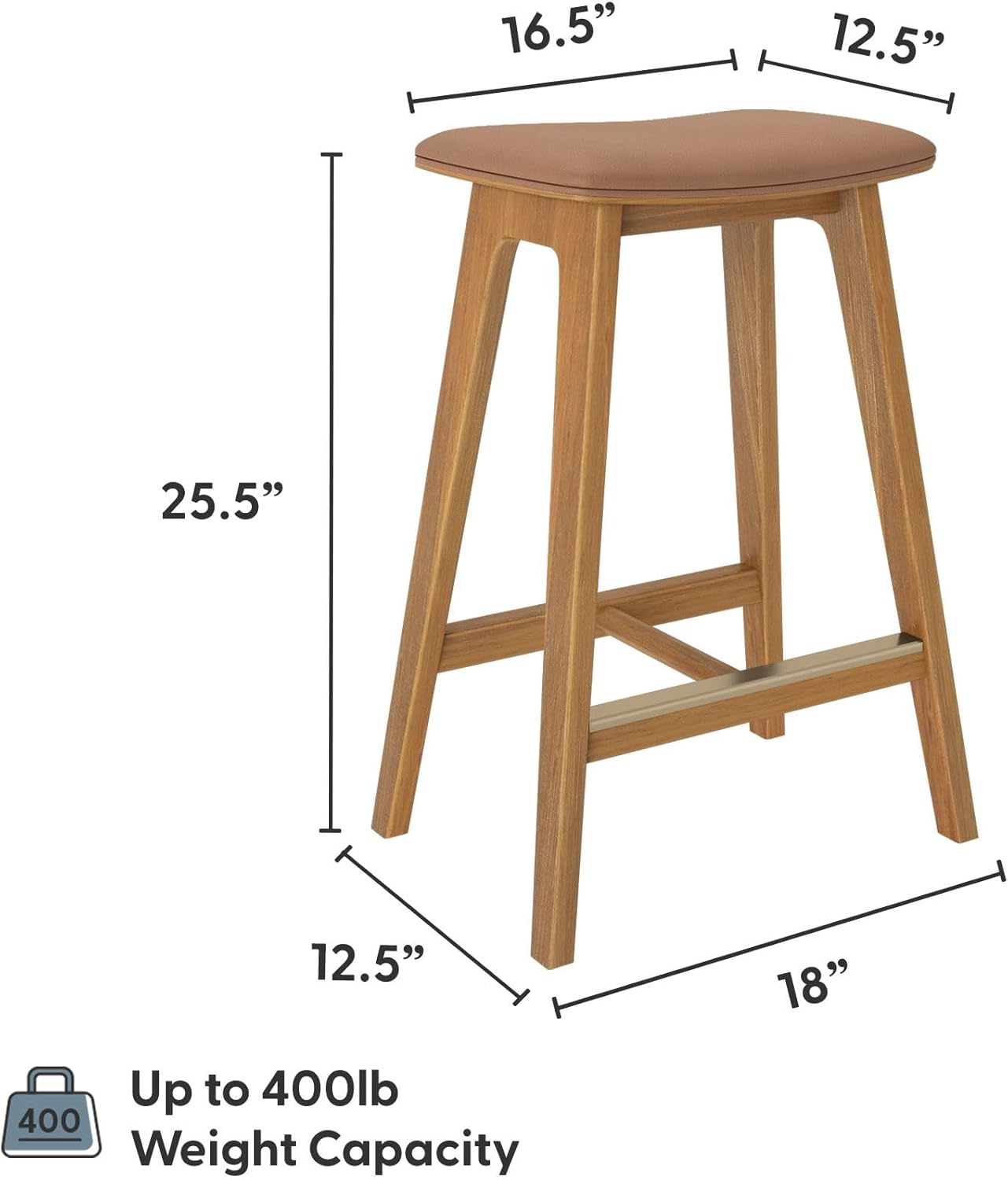 Plank+Beam Beryl Counter Height Stool - Mid-Century Modern Rubberwood Bar Stool with Faux Leather Seat, Metal Footrest, Easy Assembly, Pecan/Toffee