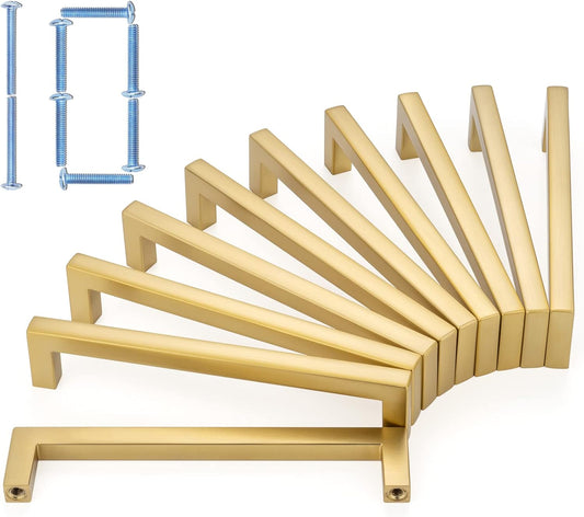 KOOFIZO Solid Square Bar Cabinet Handle - Brushed Gold Furniture Pull, 5 Inch/128mm Screwhole Distance, 10-Pack for Kitchen Cupboard Door, Bedroom Dresser Drawer, Bathroom Wardrobe Hardware