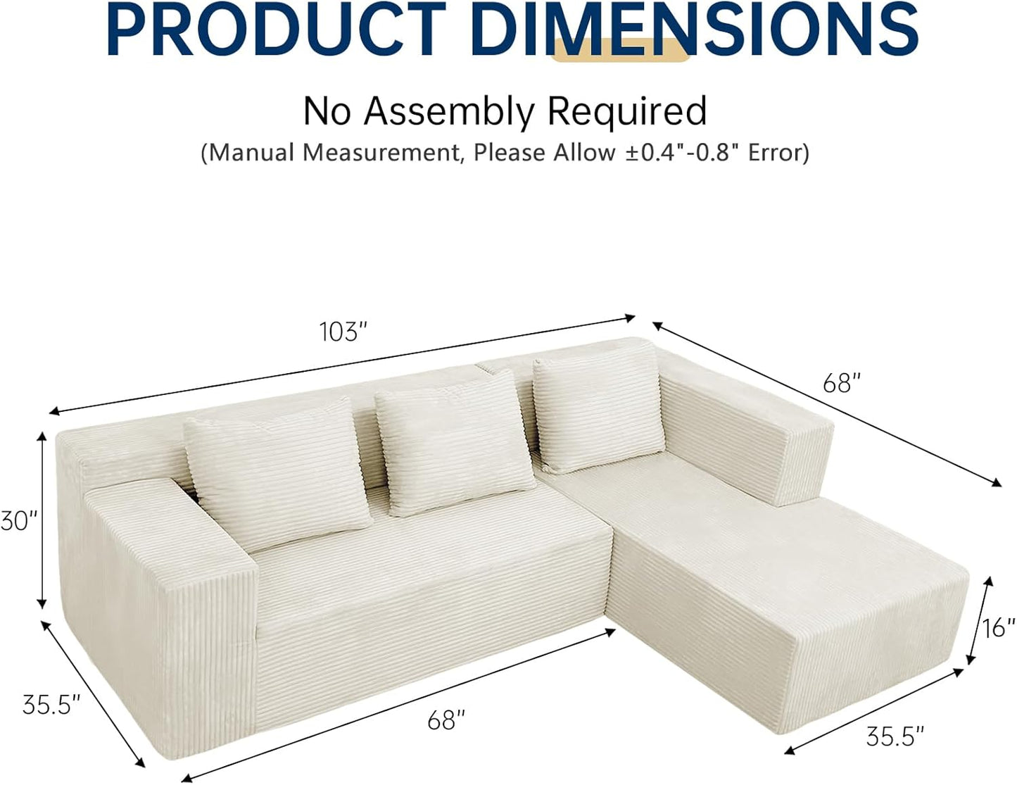 ANONER 103" Cloud Sectional Couch with Deep Seat, Modern Modular Boneless Couch L-Shape Upholstered Sofa with Chaise, Free Combination Corduroy Couches for Living Room, Beige