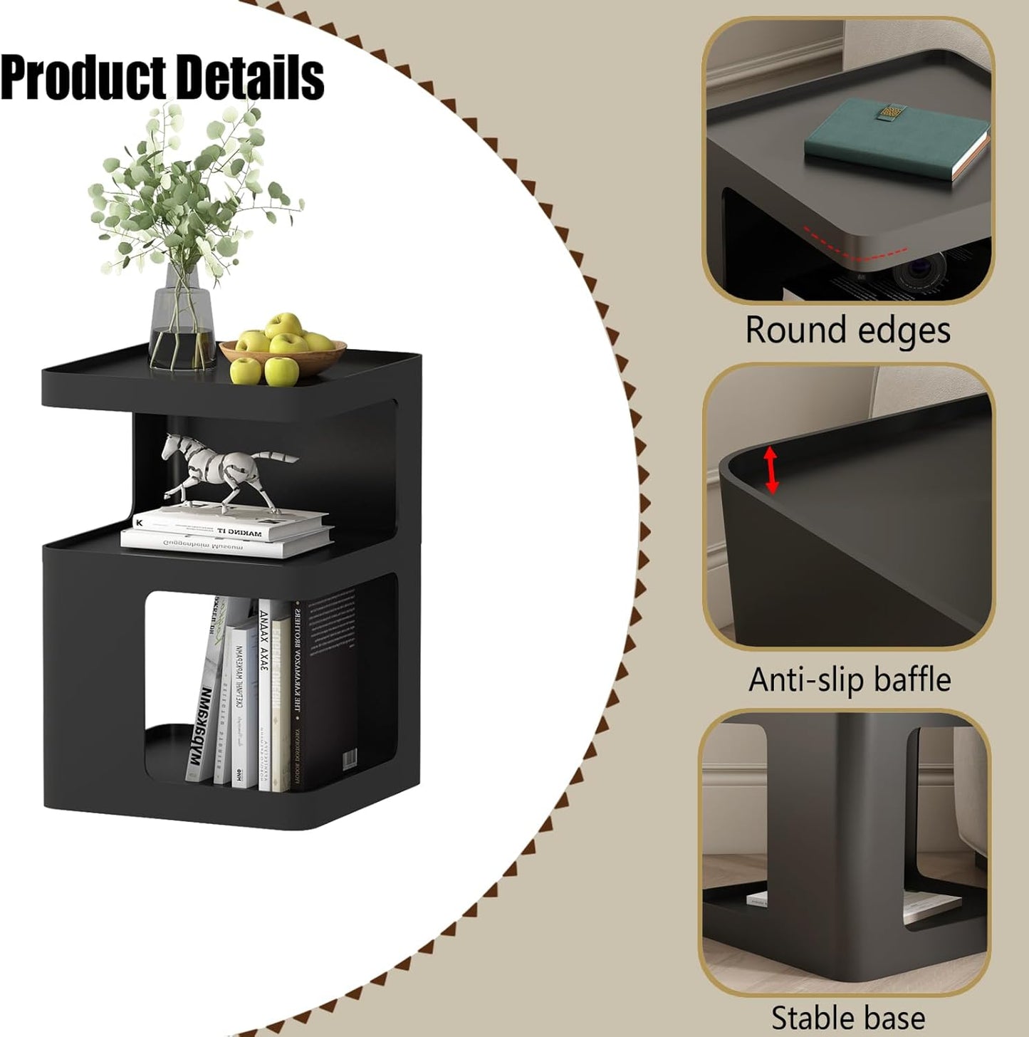 Black Modern Side Table, 3-Tier Metal NightStand with Storage, End Table Living Room, Small Night Stand for Bedroom, Bedside Table for Small Space, No Assembly Required