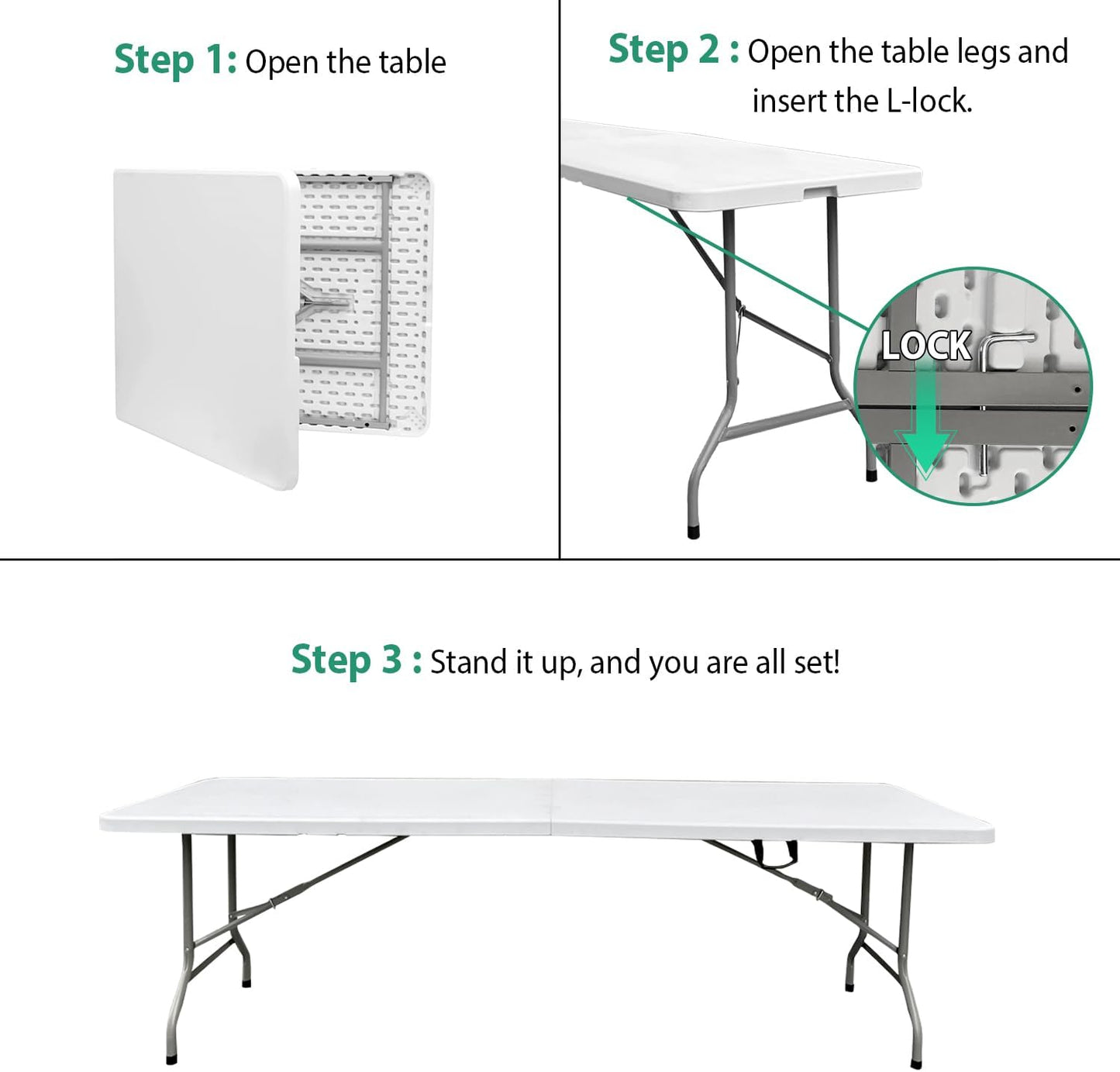 8 Foot Folding Table 96 inch Heavy Duty 8ft Plastic Portable Foldable Table with Handle Indoor Outdoor White 8' Dining Table for Picnic, Party and Camping