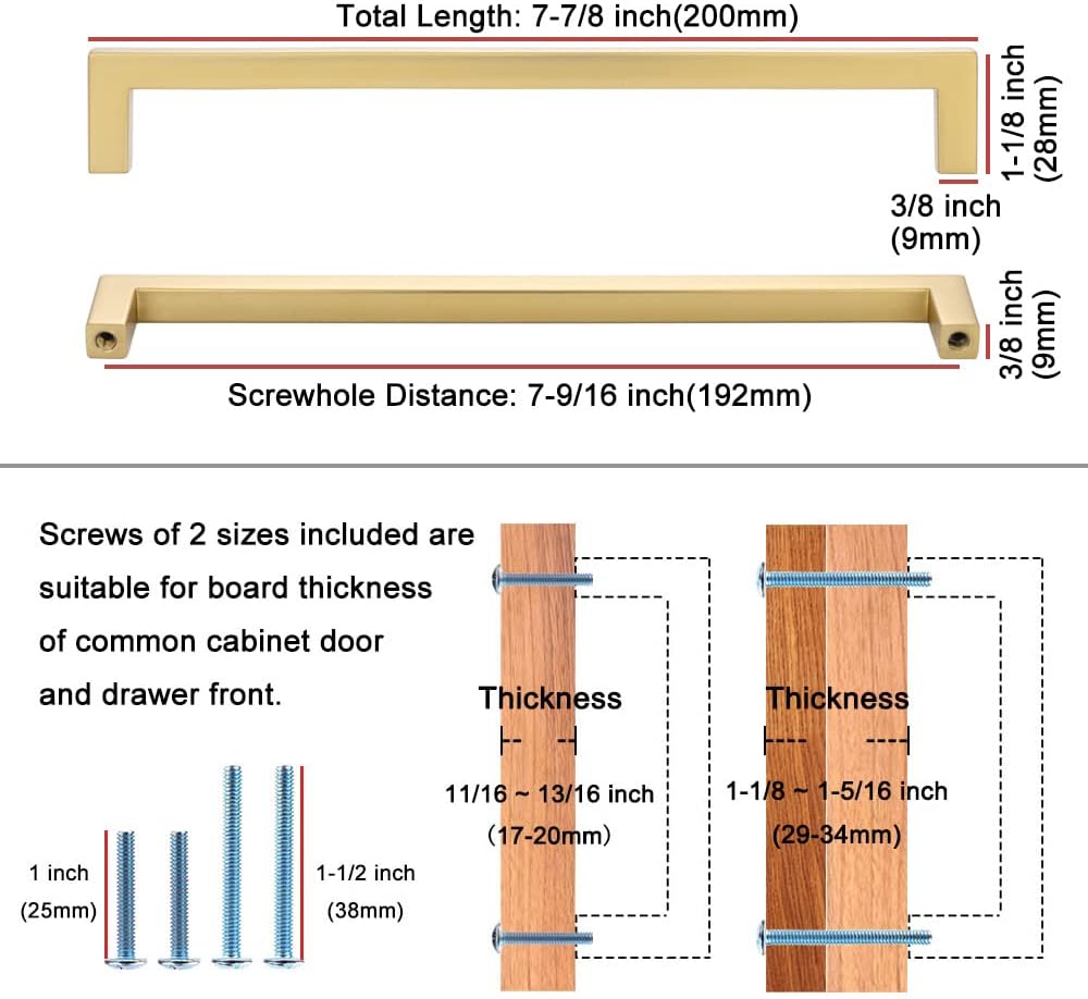 KOOFIZO Solid Square Bar Cabinet Handle - Brushed Gold Furniture Pull, 7.6 Inch/192mm Screwhole Distance, Pack of 5 for Kitchen Cupboard Door, Bedroom Dresser Drawer, Bathroom Wardrobe Hardware