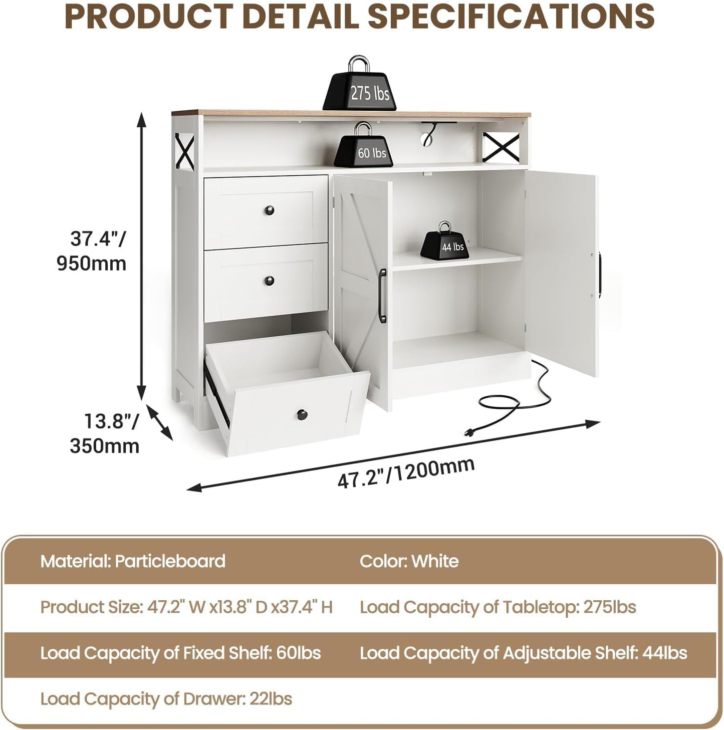 Buffet Cabinet Sideboard with Storage, 47" Farmhouse Coffee Bar Kitchen Buffet Storage Cabinet with 3 Drawers, Adjustable Shelves and Doors, Wood Kitchen Table for Dining Room Furniture