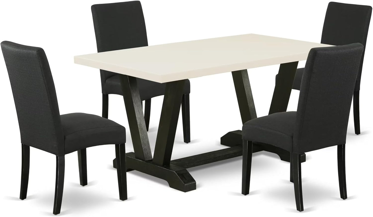 East West Furniture V626DR124-5 5 Piece Dining Table Set for 4 Includes a Rectangle Kitchen Table with V-Legs and 4 Black Color Linen Fabric Parson Dining Chairs, 36x60 Inch, Multi-Color