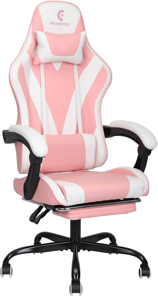 Gaming Chair with Linkage Armrest & Footrest, High Back Video Gaming Chair, Pink/White