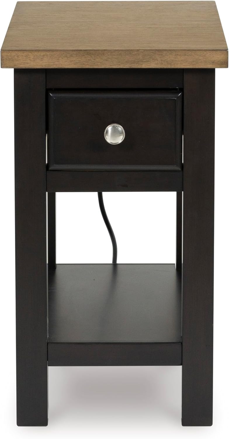 Signature Design by Ashley Drazmine Casual 1 Drawer Chair Side End Table with USB Charging Ports, 1 Lower Shelf and Power Cord, Light Brown & Black