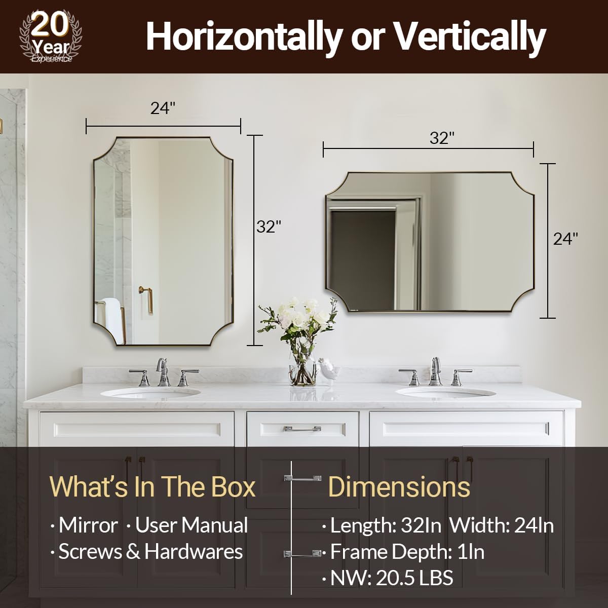 ANDY STAR Gold Vanity Mirror, 24x32 Inch Scalloped Mirror for Bathroom, Brushed Gold Mirror in Anti-Rust Stainless Steel Metal 1" Frame, Antique Scalloped Edge Design, Ideal for Home Remodel