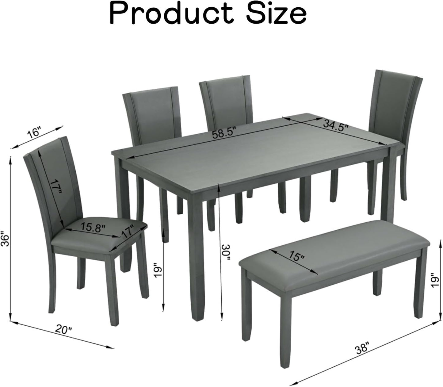 Dining Table Set for 5, 6-Piece Kitchen Table & Chairs Set with Rectangular Table, Bench & 4 Upholstered Chairs, 58'' Dinner Set with Rubber Wood Legs & Curved Backrest for Kitchen, Gray
