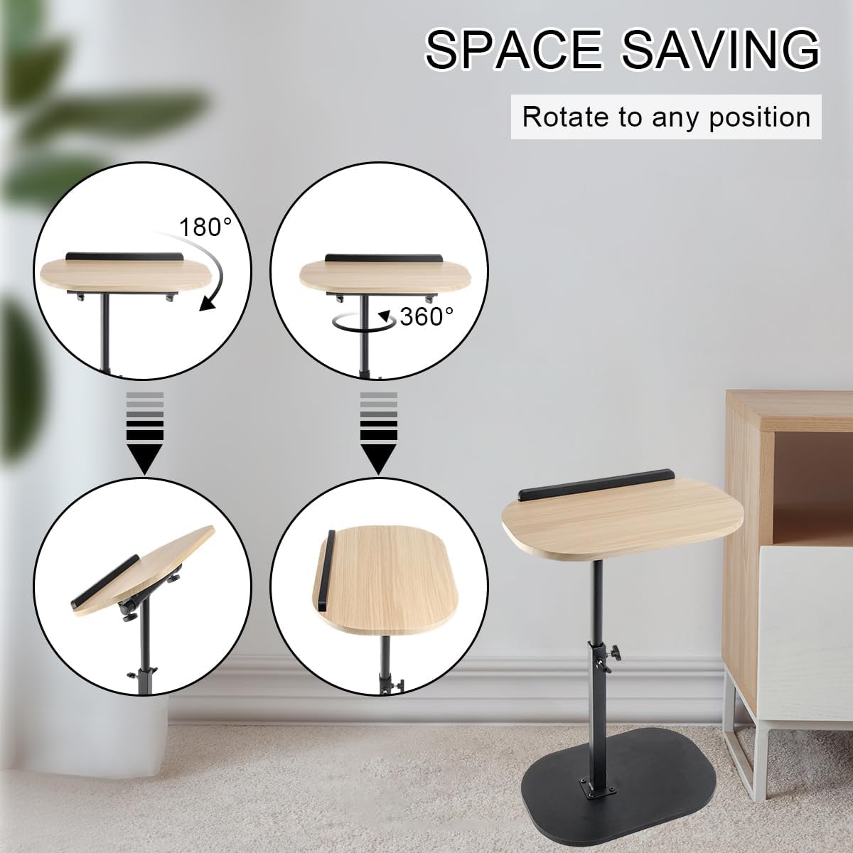 Comeon C-Shaped Tv Tray Pedestal Side Table, End Table Adjustable Height in Couch Living Room or Bedroomwith 360° Rotating Top for Small Spaces Bedside Night Stand Bedside Snack (Wood Color)