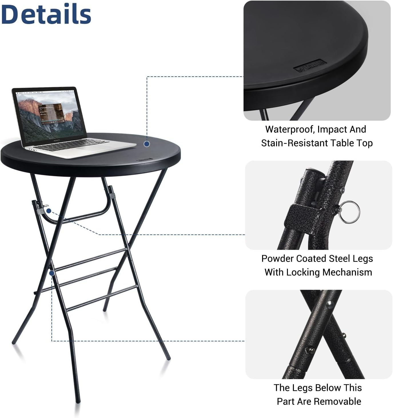 Cocktail Table 28in Folding Round High Top Indoor Outdoor with Removable Legs, Tall Bistro Foldable Bar Height Table for Parties, Patio, Backyard, Dining Room, Events, Black- 2PCS