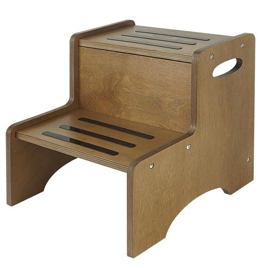 WOOD CITY Toddler Step Stool for Kids, Wooden Brown Two Step Children's Stool with Handles, Bonus Non-Slip Pads for Safety, Bathroom Potty Stool & Kitchen Step Stools Dual Height