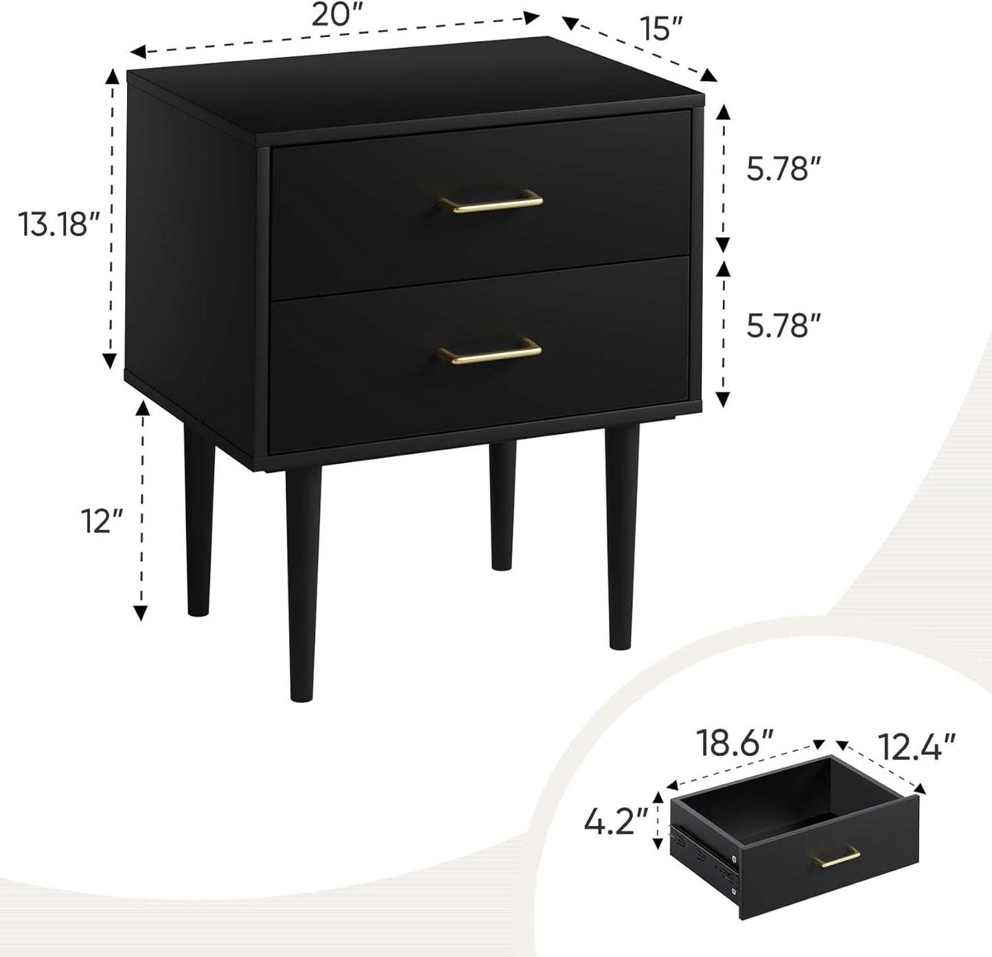 Smart FENDE Night Stand, Black Nightstand with 2 Drawers, 26" Tall Modern Bedside Table, Mid Century Modern End Table, Wood Night Stand with Solid Wood Leg for Bedroom