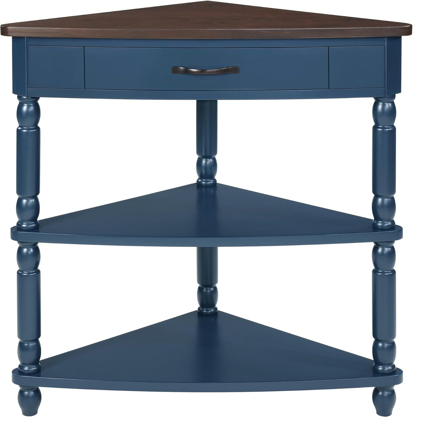 GDFStudio Trmxmbi 3 Tier Corner Console Table with 1 Storage Drawers and Shelves, 33.8'' Rustic Wood Triangle Sofa End Table for Small Spaces, Solid Wood Legs, Navy Blue and Espresso Top