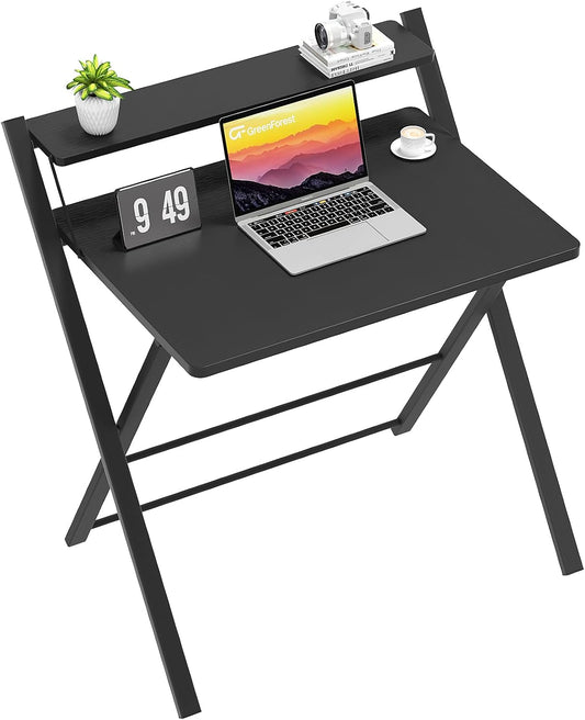GreenForest No Assembly Folding Desk, 2-Tier Compact Computer Desk with Shelf, Space Saving Foldable Table for Home Office, Dorm or Apartment, Portable Collapsible Sturdy Laptop Desk, Black