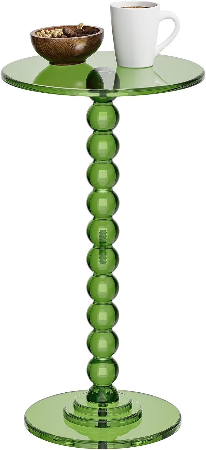 Acrylic Side Table, End Table Round Top with Solid Post for Living Room, Bedroom, Balcony, Easy Assembly (Pedestal, Green)