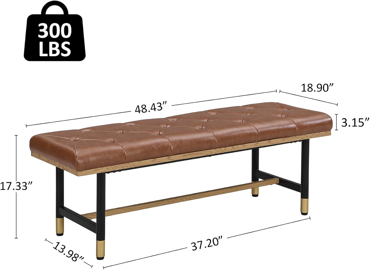 Modern Faux Leather Bench for Living Room and Bedroom, End of Bed Entryway Bench with Solid Metal Shelf, Padded Seat, Brown