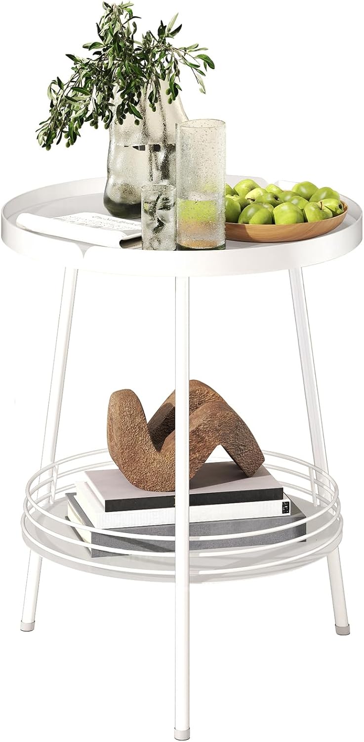 Benkyo 2 Tier White Metal Round Side Table Tiered Two Shelf Storage Coffee Sofa End Table for Living Room and Bedroom,White