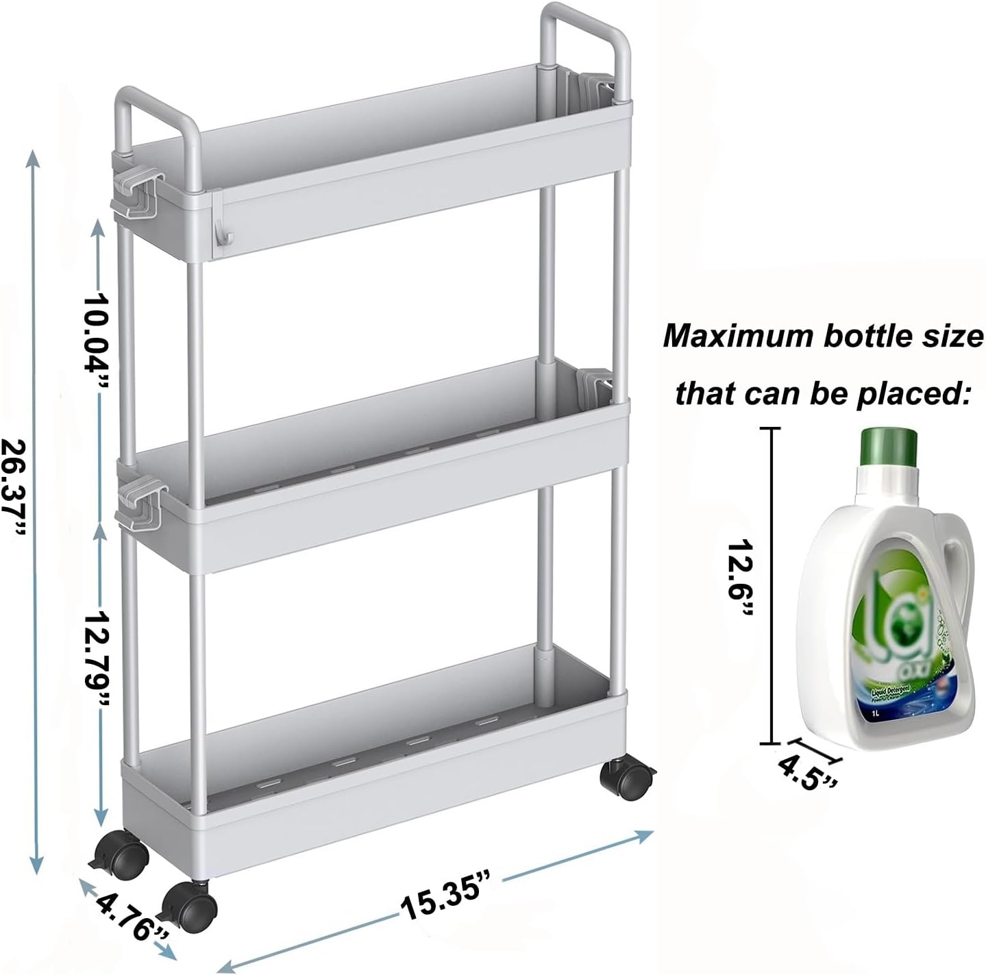 SOLEJAZZ Slim Rolling Storage Cart with Wheels 3 Tier Skinny Bathroom Storage Organizer Thin Laundry Room Utility Cart Space-Saving for Bedside Kitchen Office Small Narrow Places, Gray