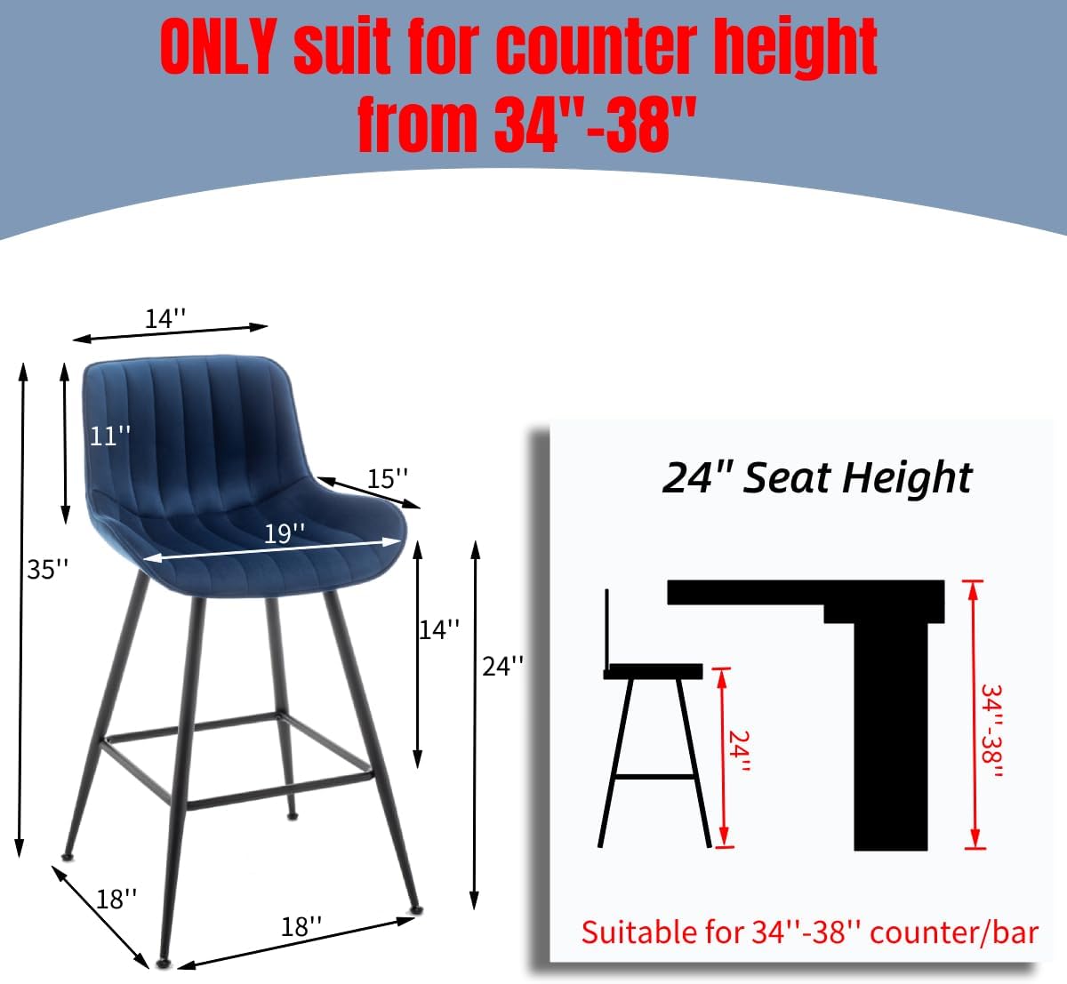 Bar Stools Set of 2 - Luxury Bar Stools Counter Height Barstool 24 Inch Seat Height Upholstered Velvet Barstool Set of 2 Blue Counter Stools for Kitchen Island, Home Counter, Bar Pub (Blue).