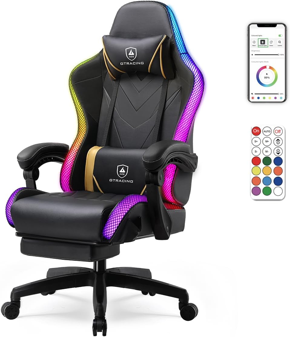 GTPLAYER Gaming Chair, RGB Gaming Chairs with LED Lights, Video Gaming Chair for Adults, Ergonomic Computer Gaming Chair with Linkage Armrest, Reclining Chair with Headrest (Without Massage, Black)