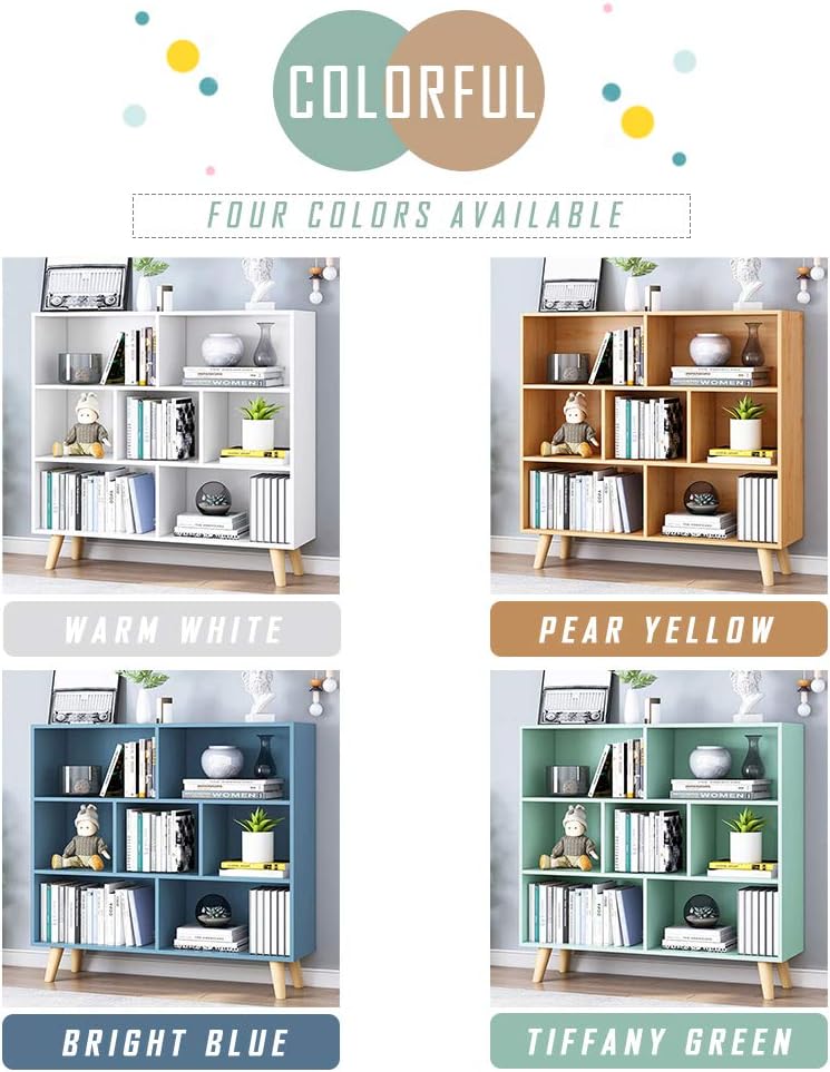 IOTXY Wooden Open Shelf Bookcase - 3-Tier Floorstanding Display Cabinet Rack with Legs, 7 Cubes Free Standing Bookshelf, Warm White