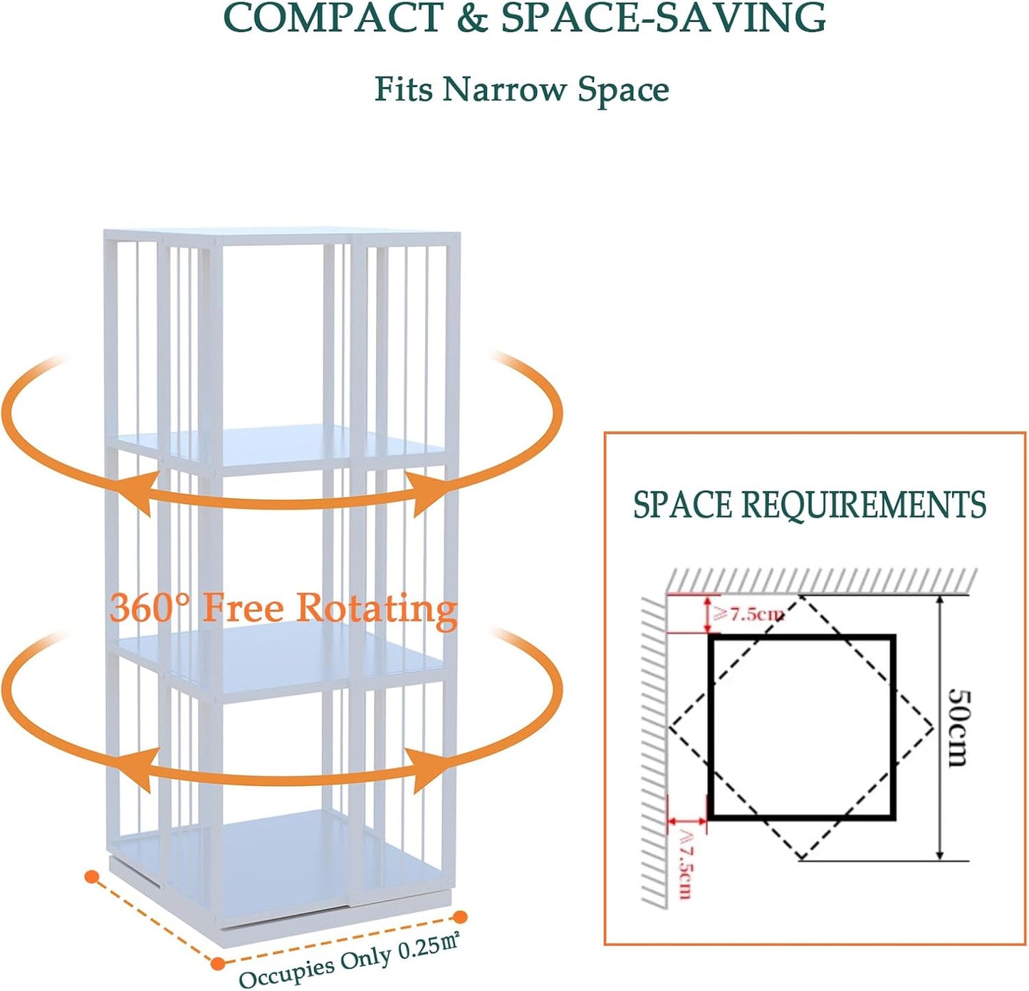 Square Rotating Bookshelf Tower - 360 Spinning Display Corner Bookcase for Narrow Space, Modern 3-Tier Revolving Storage Shelf, White