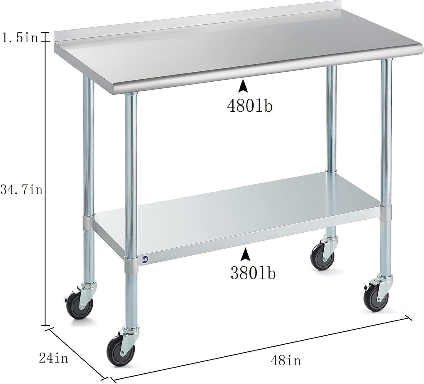 Stainless Steel Table for Prep & Work with Caster & Backsplash 24x48 Inches, NSF Metal Commercial Kitchen Heavy Duty Table with Adjustable Under Shelf and Table Foot for Restaurant, Home and Hotel