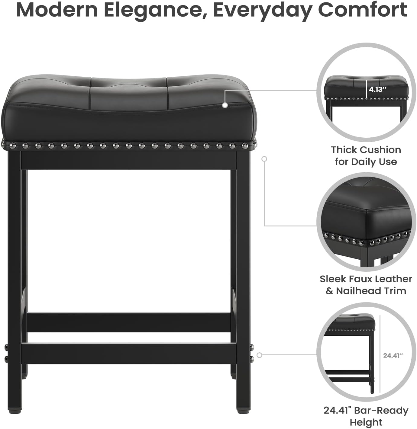 MALOL Set of 6 Saddle Bar Stools Counter Height 24.4”, Black Backless Barstools for Kitchen Island, Modern PU Leather Cushioned Seat, Bar Chairs for Kitchen Counter, Breakfast Bar Stools for Home