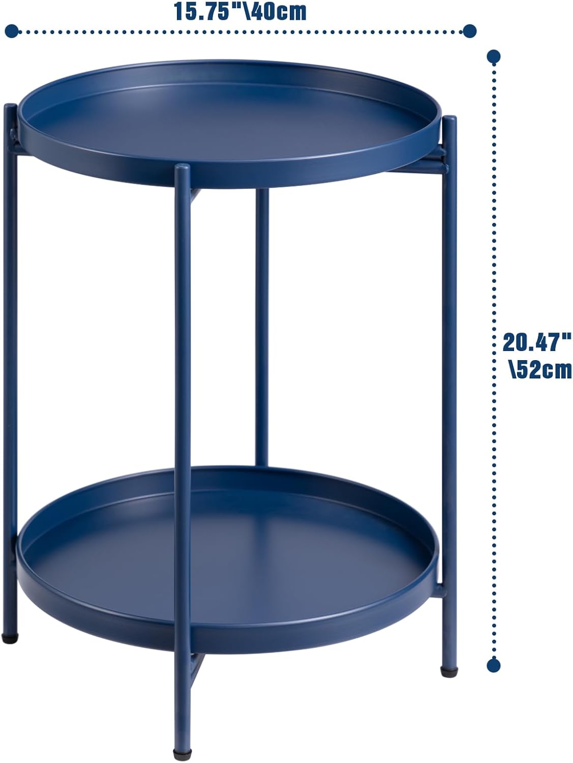 HollyHOME 2-Tier Round Side Table, Outdoor Small Folding Accent Stand with Removable Tray, Anti-Rust Metal Asional Table for Balcony Patio Living Room, Nightstand for Bedroom(Navy Blue)