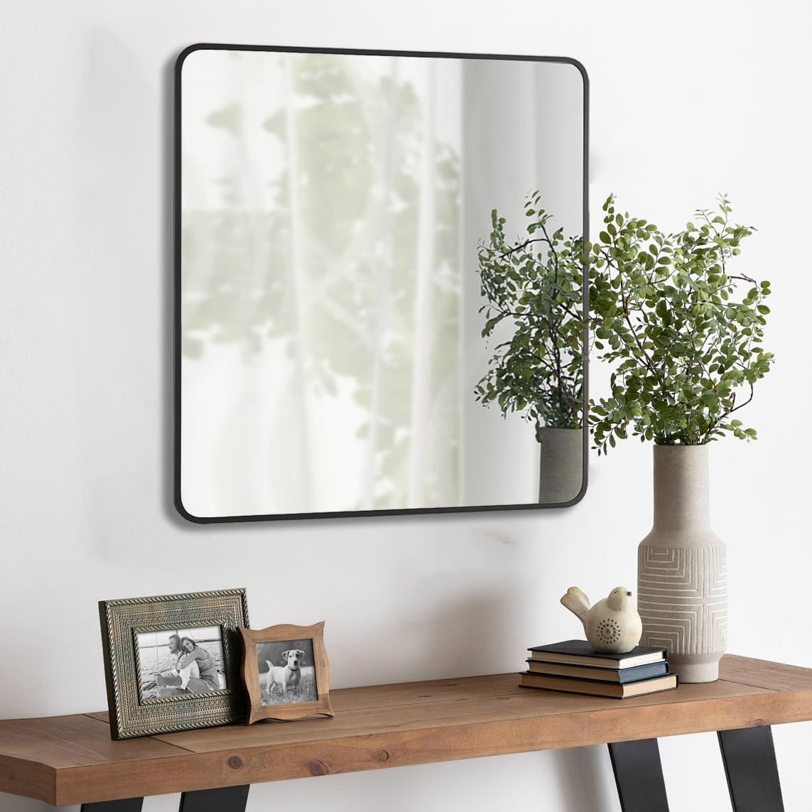 30"x30" Bathroom Wall Mirror with Matte Black Metal Frame & HD Glass, Copper-Free Mirrors Modern Rectangle Round Corner Framed Vanity Mirror - Horizontal or Vertical Installation