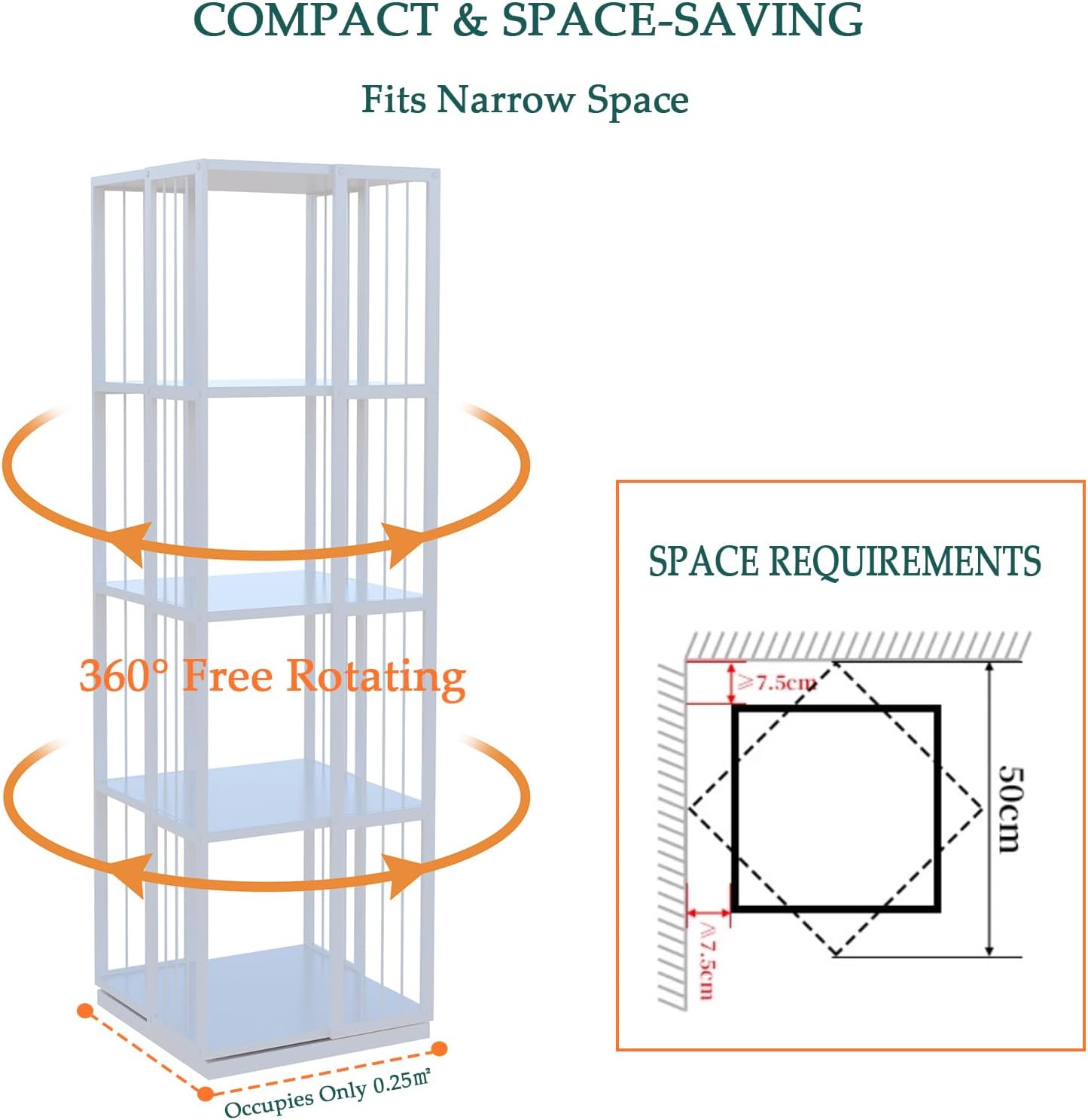 Square Rotating Bookshelf Tower - 360 Spinning Display Corner Bookcase for Narrow Space, Modern 4-Tier Revolving Storage Shelf, White