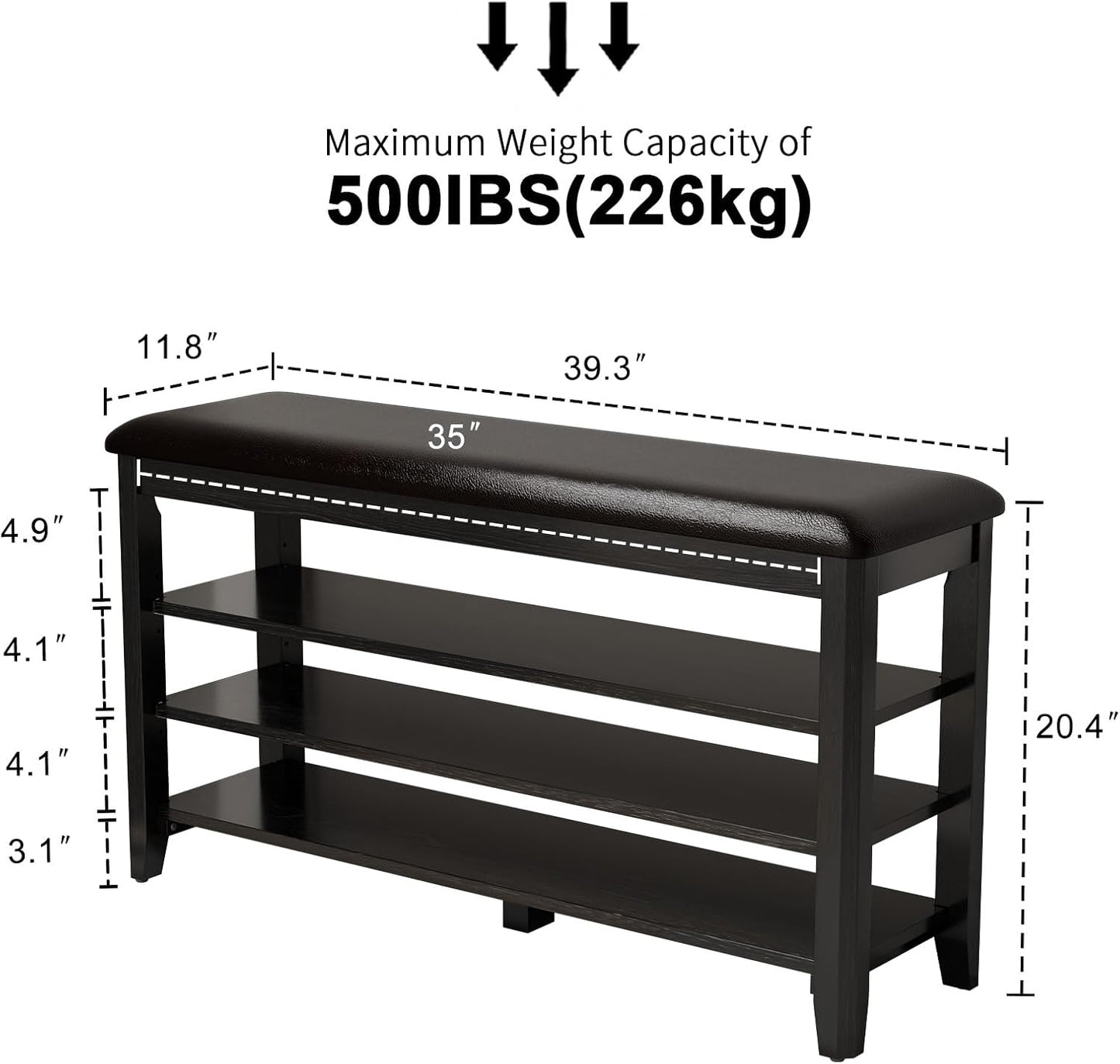 Shoe Bench with Leather Cushion, 3 Tiers Shoe Storage Bench Height Adjustable, Walnut Wood Entryway Bench for Hallway, Mudroom