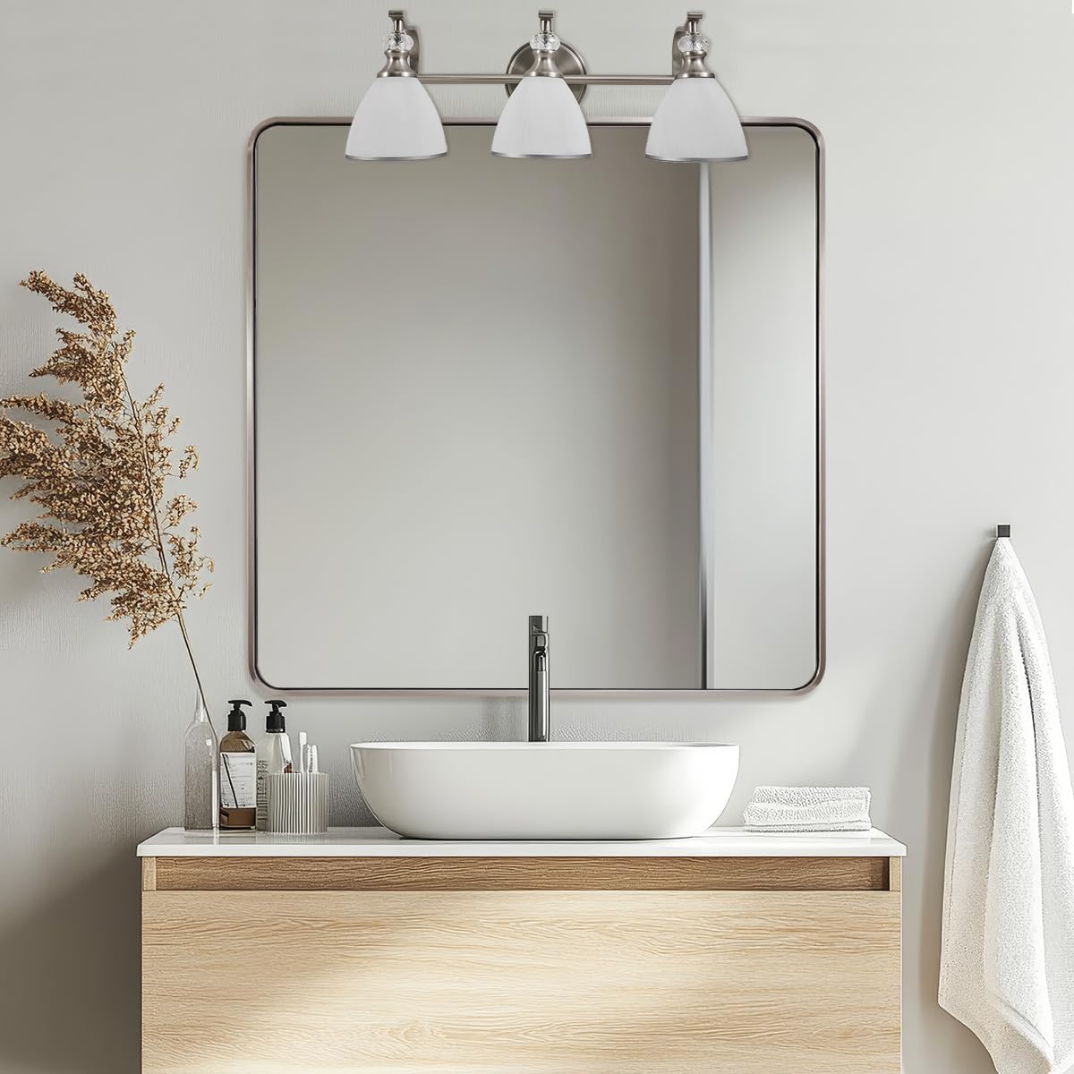 ANDY STAR 36x36 Inch Brushed Nickel Bathroom Mirror, Rounded Square Bathroom Vanity Mirrors for Wall, Anti-Rust SUS304, Seamless Tube Metal Frame, 1’’ Deep Wall Mounted Vertically/Horizontal