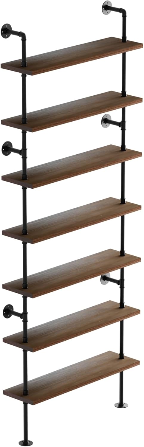 7 Tier Industrial Ladder Shelf Bookcase, Wall Mounted Rustic Bookshelf for Living Room Decor and Storage (Walnut Color, 7 Tier - 10" D x 36" W x 95.5" H)