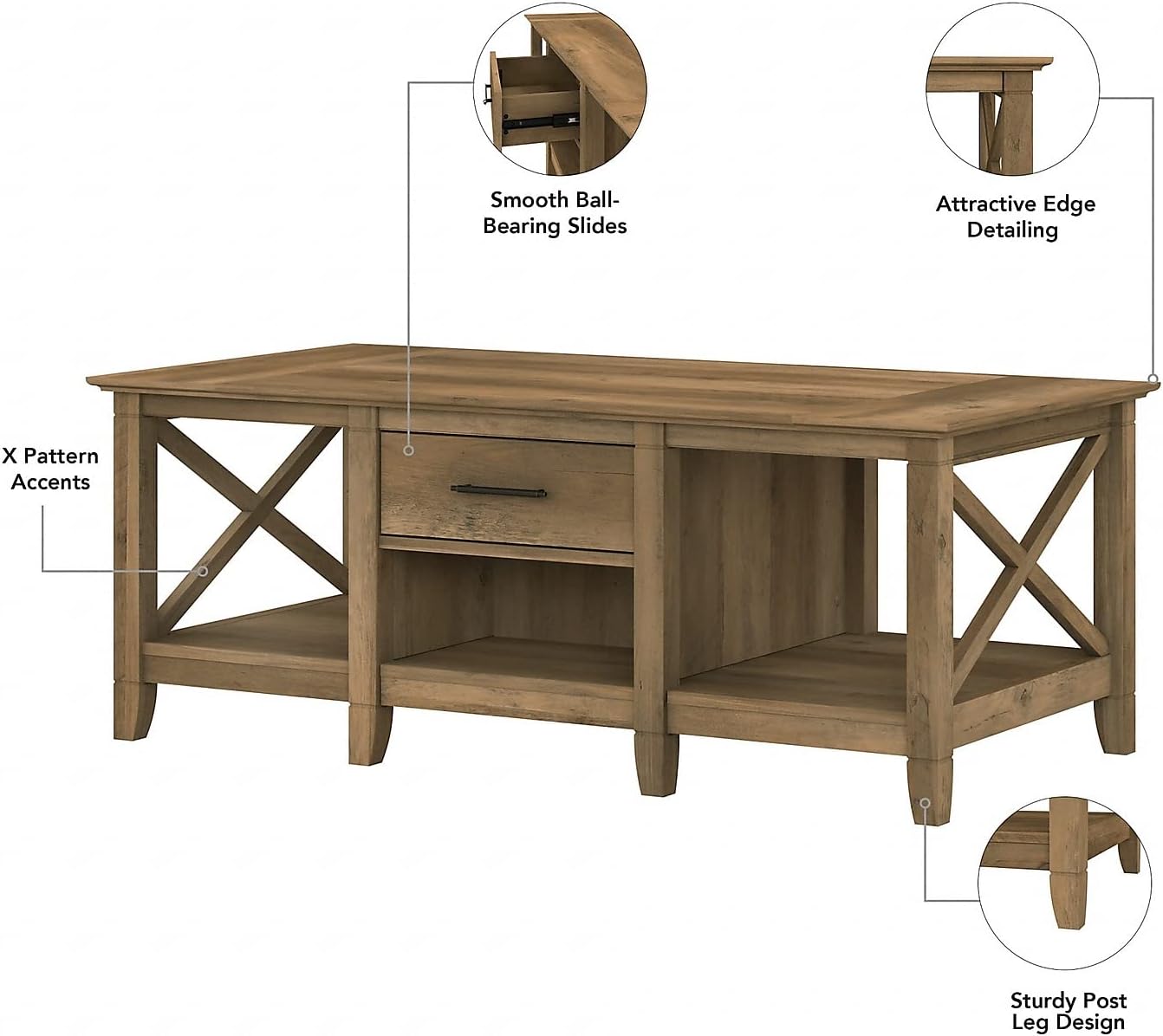Bush Furniture Key West Coffee Table with Set of 2 End Tables in Reclaimed Pine