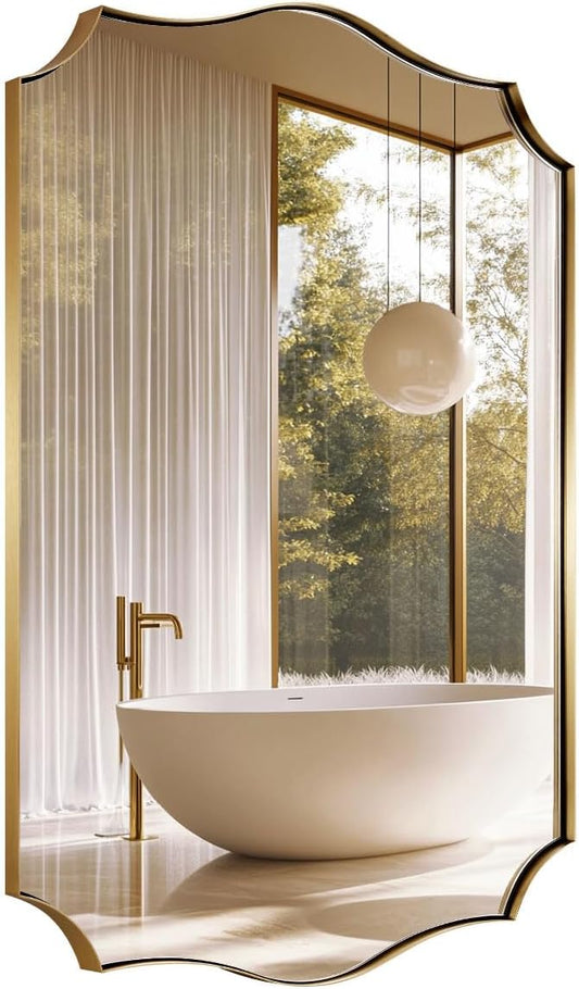 ANDY STAR 24x40 Inch Gold Mirror, Brushed Gold Bathroom Mirror, Antique Brass Rectangle Mirror, Large Wall Mirror Decorative for Bedroom, Living Room, Entryway, Wave Inspired Style