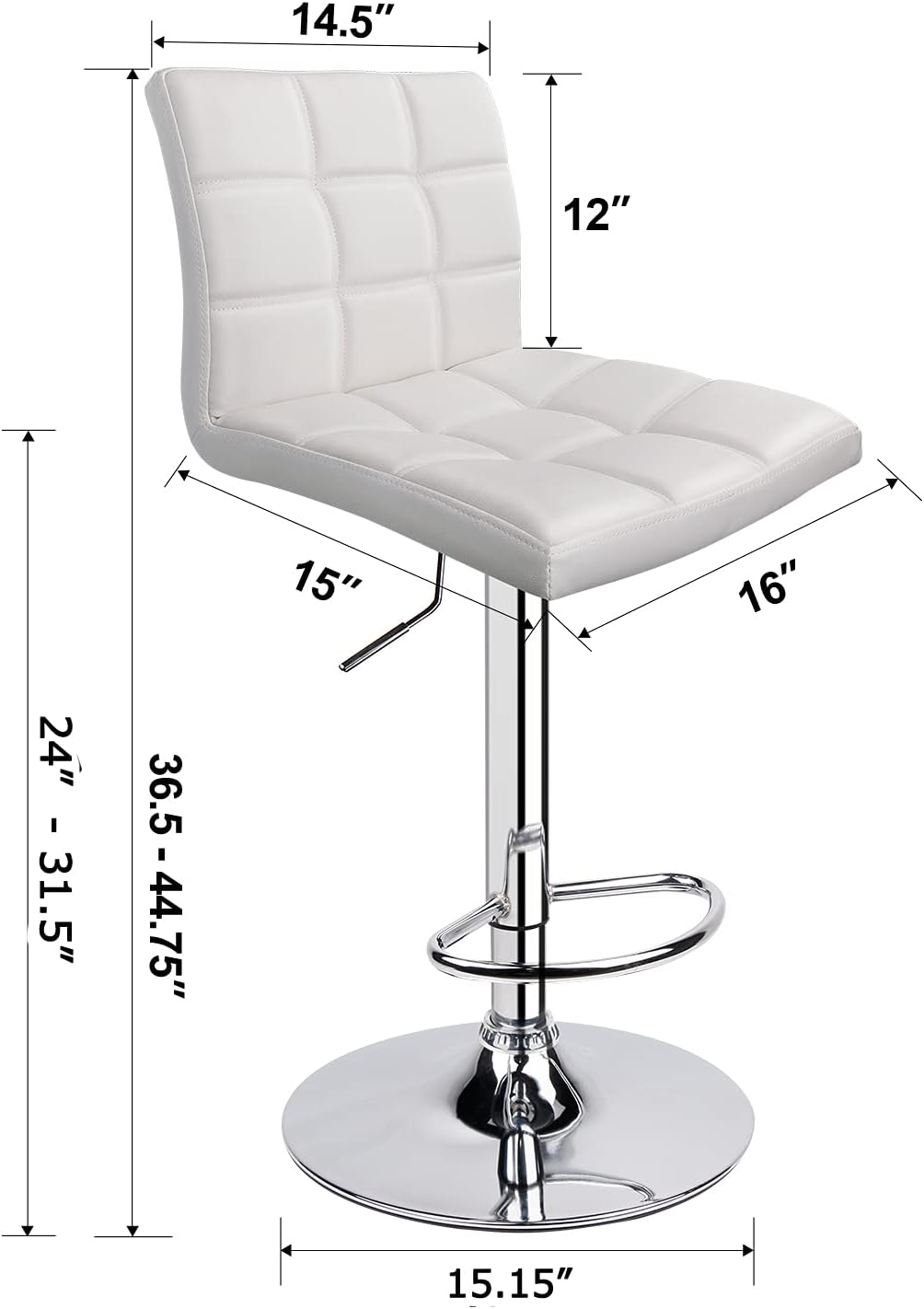 Leopard Modern Square PU Leather Adjustable Bar Stools with Back, Square Back Barstools, Counter Height Swivel Stool - 1 Chair (White)