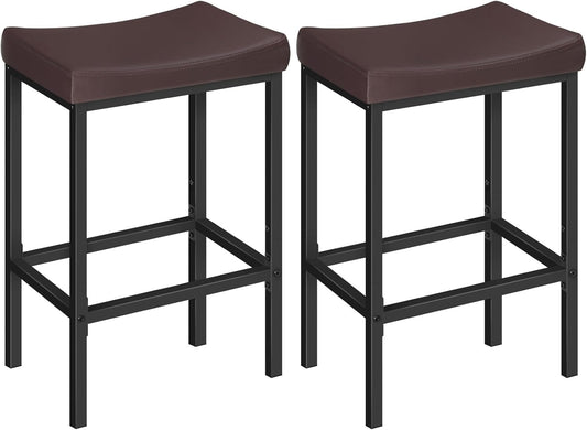 HOOBRO Bar Chairs, Set of 2 Counter Height Saddle Stools with Curved Surface, 24.8 Inches, 2.4" Thick Upholstery, for Kitchen and Dining Room, Brown and Black BC10BY01