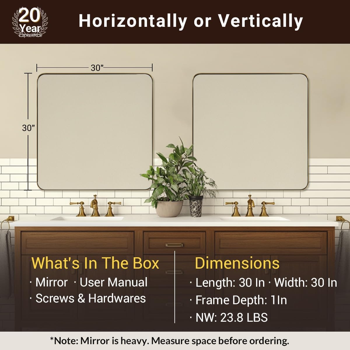 ANDY STAR Gold Bathroom Mirrors for Over Sink, 30x30 InchBrushed Gold Wall Mirror, Rectangular Metal Framed Vanity Mirror -Modern Clean Design with Superior Stainless Steel Frame