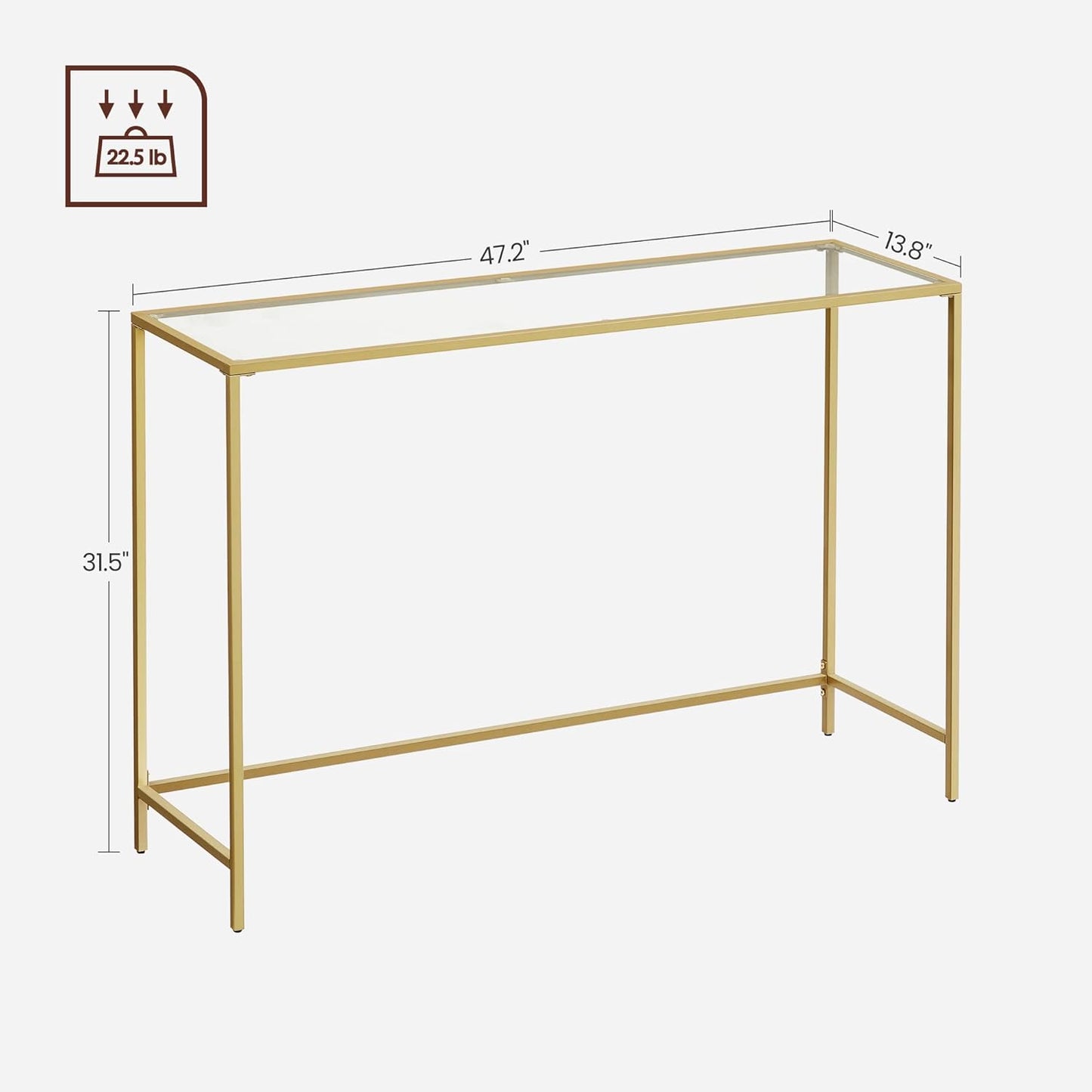 VASAGLE 47.2 Inches Console Table, Tempered Glass Sofa Table, Modern Entryway Table, Sturdy Metal Frame, Easy to Assemble, Adjustable Feet, for Living Room, Hallway, Gold Color ULGT036A01