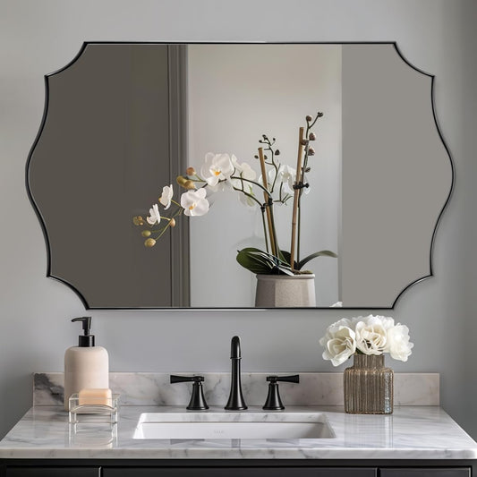 ANDY STAR Rectangle Mirror 24x40 Inch, Matte Black Scalloped Bathroom Mirror, Unique Rectangle Mirror for Bathroom, Powder Room, Entryway (Vertical or Horizontal)