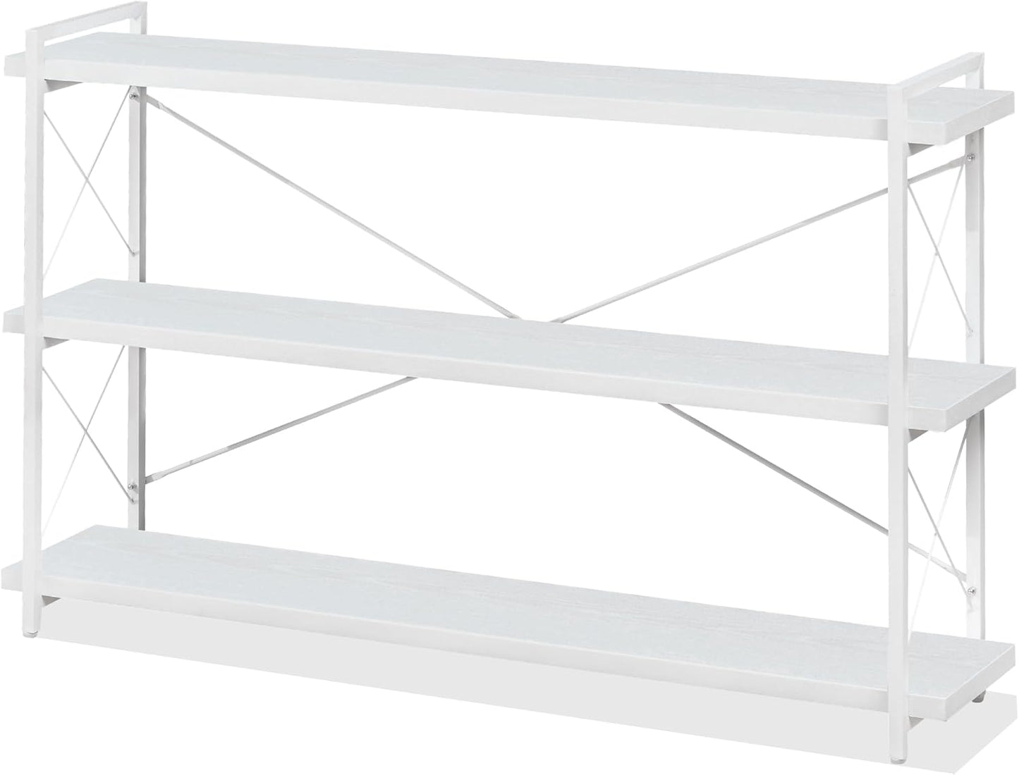 HCHQHS Bookshelf, 3-Tier Long Industrial Bookcase, White Open Book Shelf, Freestanding Horizontal Bookshelves with Metal Frame