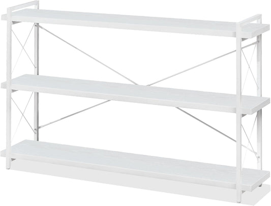 HCHQHS Bookshelf, 3-Tier Long Industrial Bookcase, White Open Book Shelf, Freestanding Horizontal Bookshelves with Metal Frame