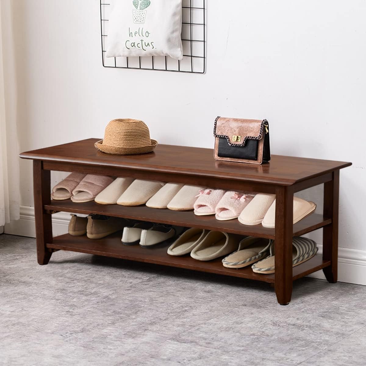 Shoe Bench with Storage for Entryway, 48", Shoe Rack Bench with 3-Tier Organizer Shelf for Hallway, Bedroom, Living Room, Solid Wood, Holds Up to 550Lbs, Dark Brown