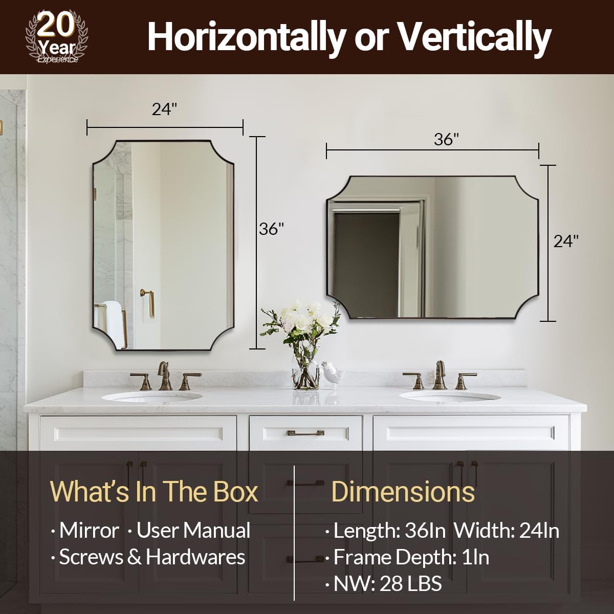 ANDY STAR Brushed Bronze Bathroom Mirror, 24x36 Inch Scalloped Mirror for Bathroom, Antique Bronze Rectangular Mirror with Premium Stainless Steel Metal Frame, Thin Frame Deep 1"