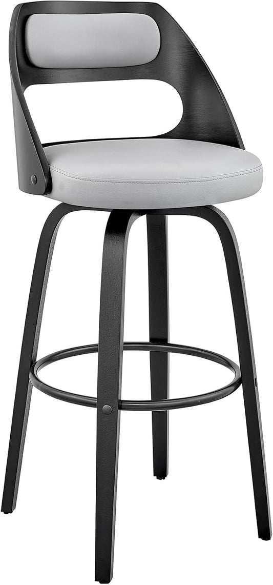 Armen Living Julius Mid Century Modern Swivel Bar Stool for Kitchen Island Counter in Gray Faux Leather and Black Wood, 26" Seat Height