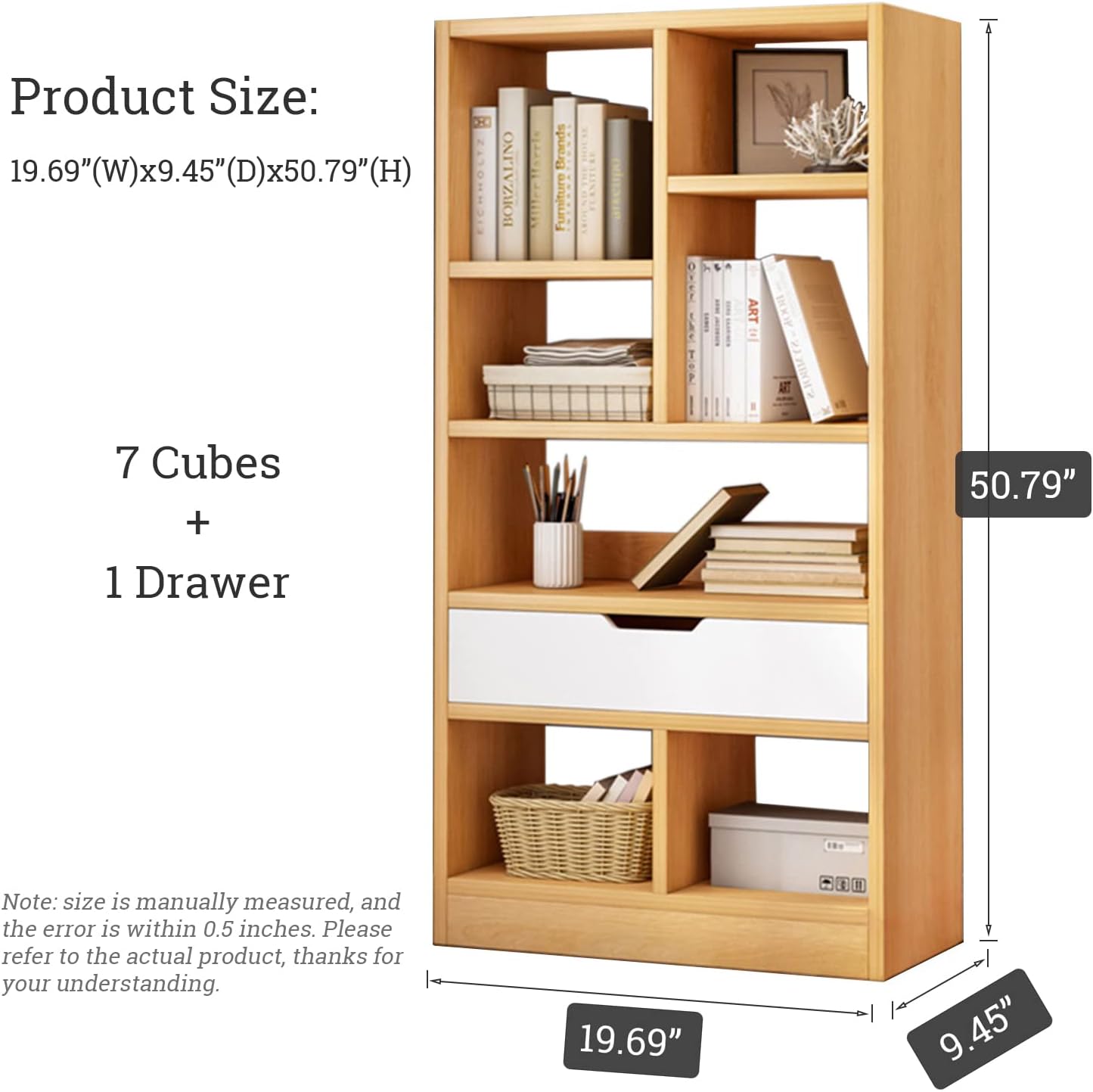 IOTXY Wooden Open Shelf Bookcase - 51" Height Freestanding Display Storage Cabinet Organizer with 7 Cubes and a Drawer, Floor Standing Bookshelf, Yellow