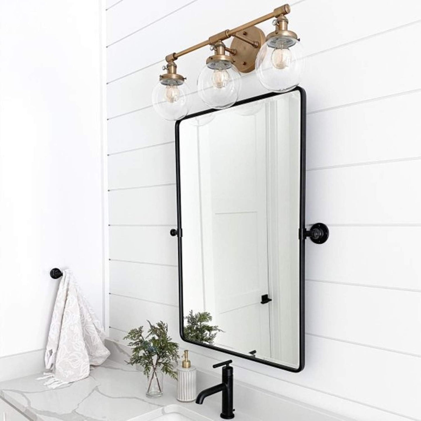 20 x 24 ‘’ Farmhouse Black Metal Framed Pivot Rectangle Bathroom Mirror Rounded Rectangluar Tilting Beveled Vanity Mirrors for Wall Décor