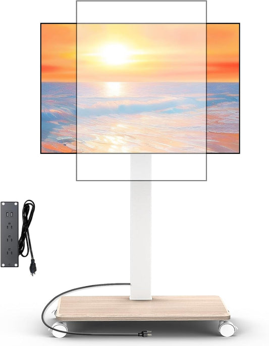 Rolling TV Stand with Power Outlet, Swivel Mobile Portable TV Cart for 32-75 Inch TVs up to 110 lbs, Landscape to Portrait, Height Adjustable Outdoor TV Stand with Wheels, Max VESA 600x400mm